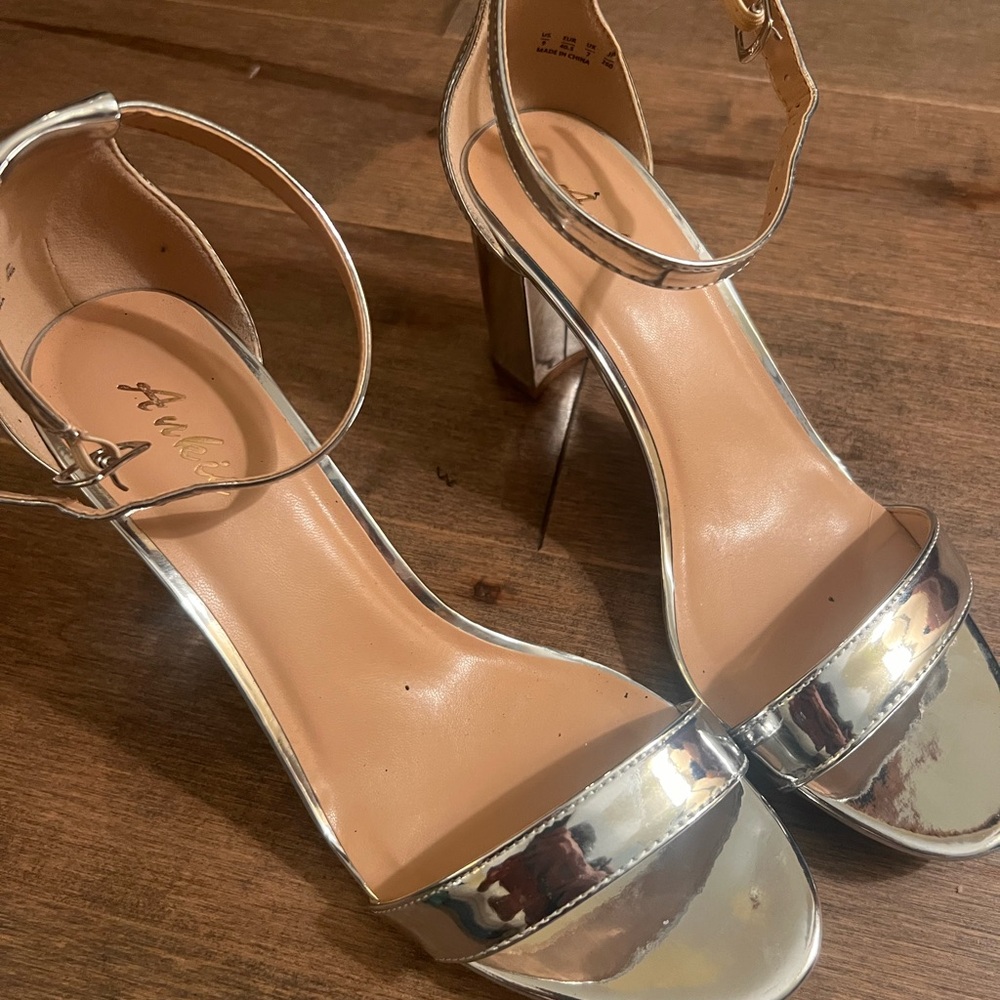 Silver Block Heel Sandals with Ankle Strap